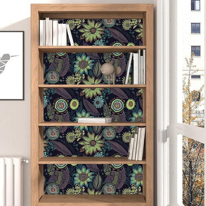 Vintage Boho Wallpaper Peel and Stick, Dark Purple/Green Gothic Floral Contact Paper 17.5" x 399.7", Retro Flower Bohemia Wall Paper Self Adhesive Removable Waterproof for Shelves Cabinet Table Drawer