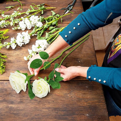 White Artificial Roses with Long Stems, 24Pcs Realistic Roses Artificial Flowers, Faux Roses | Bulk Fake Flowers for Home Decor, Wedding Party Table Centerpieces, DIY Bouquet (White 24pcs)