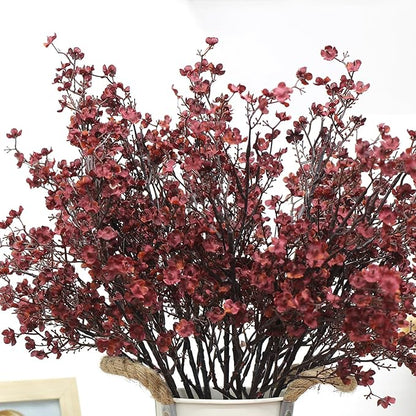 JAKY-Global Babys Breath Silk Artificial Flowers Bulk w/Vase 10pcs Fall Decor Fake Flower Bouquet Bulk Home Kitchen Indoor Bouquet Floral Arrangement Table Centerpieces Decor(Burgundy Red)