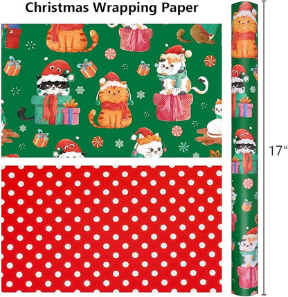 MAYPLUSS Christmas Wrapping Paper Roll - 17 Inch X 33 Feet - Green Cute Cat Christmas Hat Reversible Polka Dot Gift Wrapping Paper, Thick Wrap Paper for Holiday Party New Year Kids