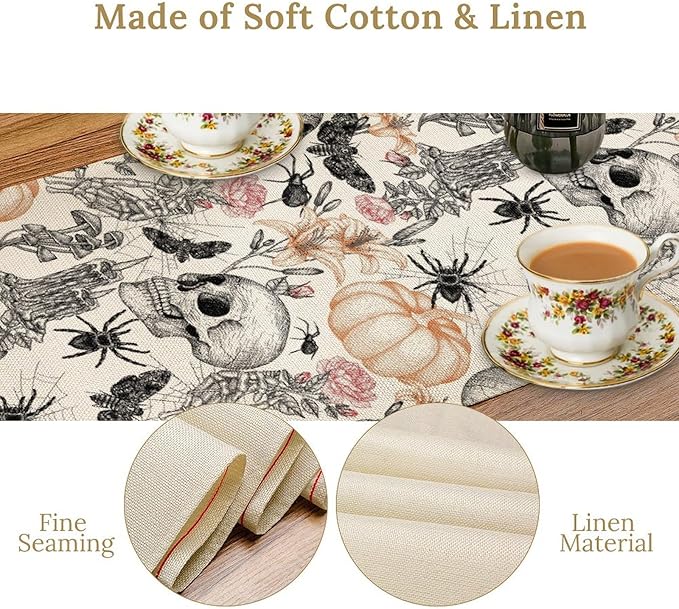 Gothic Table Runner,Black White Skull Moth Pumpkin Halloween Table Runner for Home Kitchen Table Dining Garden Farmhouse Wedding Party Decor 13x70 Inch