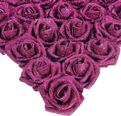 IPOPU Artificial Roses,25pcs Glitter Roses Glitter Flowers Foam Roses with Stems for DIY Wedding Bridal Bouquet Home Party Decoration(Deep Pink)