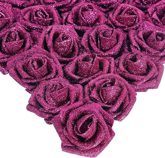 IPOPU Artificial Roses,25pcs Glitter Roses Glitter Flowers Foam Roses with Stems for DIY Wedding Bridal Bouquet Home Party Decoration(Deep Pink)