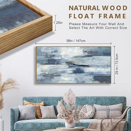Indigo Framed Wall Art Abstract Ocean Canvas Pictures Blue White Grey Painting Vintage Wall Decor Modern Artwork Prints for Living Room Bedroom Bathroom Office Home Decoration Ready to Hang 29"x58"