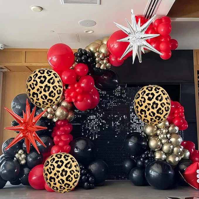 Red Black Gold Balloon Arch Garland Kit Leopard Cheetah Print Party Balloons Black Red Metallic Silver Gold Explosion Star Balloon for Girl Night Bachelorette New Year Casino Birthday Party Decoration