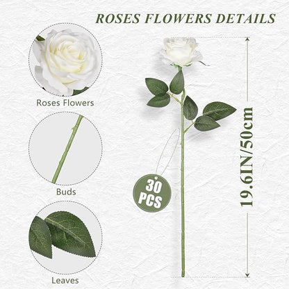 JUSTOYOU 30PCS Artificial Roses Silk Flowers in Bulk, Realistic White Fake Roses for Wedding Decorations, Home Decor, Centerpieces, Indoor Floral Arrangements