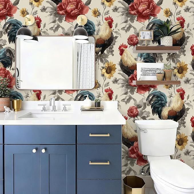 Floral Peel and Stick Vintage Animal Contact Paper Sunflower Rooster Removable Botanical Leaf Wallpaper 17.7" x 236.22" Wall Paper Watercolor Self Adhesive for Farm Bedroom laundry room bathroom