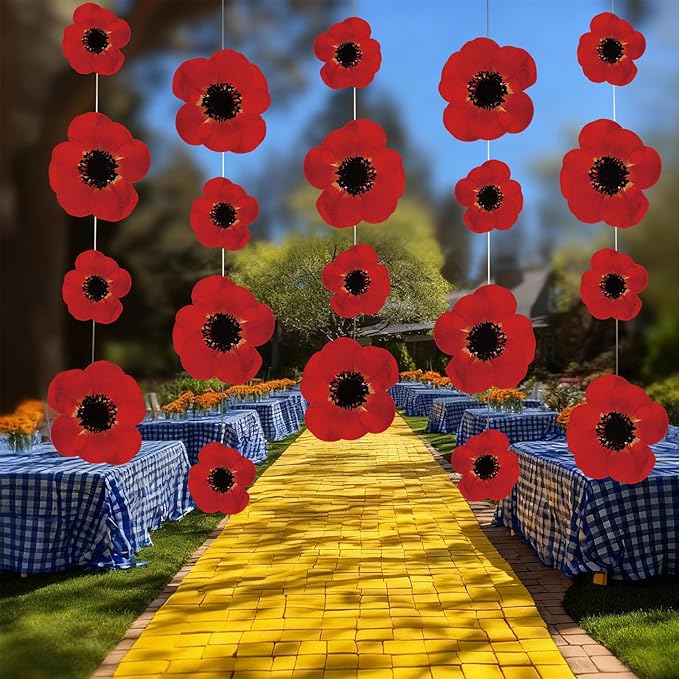 Preboun 20 Pcs Wizard Party Hanging Red Poppy Flowers Decorations, Artificial Poppy Flowers Banner Ceiling Decor for Classroom Wizard Birthday Shower Party Favor Supplies(Red,Flower)