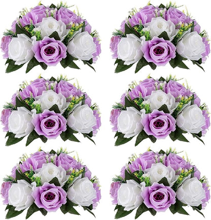 NUPTIO Flower Wedding Centrepieces for Tables - 6 Pcs 9.5in Diameter Lilac & White Artificial Flowers Rose Ball for Centerpieces Table - Fake Rose Arrangements for Weddings Birthday Party Decor