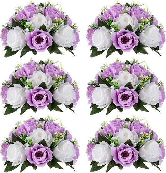 NUPTIO Flower Wedding Centrepieces for Tables - 6 Pcs 9.5in Diameter Lilac & White Artificial Flowers Rose Ball for Centerpieces Table - Fake Rose Arrangements for Weddings Birthday Party Decor