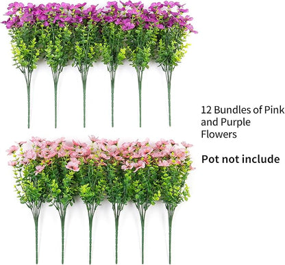Artificial Fake Plants Flowers for Outdoor Fall Decor, 12 Bundles Faux Silk Mums for Planter Pot Colorful UV Resistant Look Real for Front Door Porch Patio Outside Yard(Purple Pink)