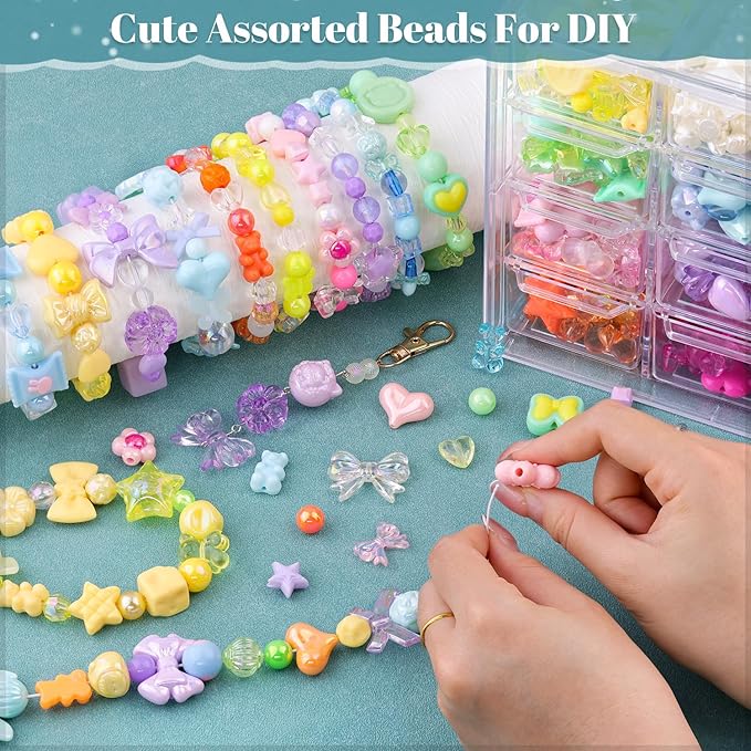 Assorted Acrylic Beads, 400-450PCS 6 Mixed Colors Cute Beads for Bracelet Making, Flower GummyBear Bow Kawaii Charms for Jewelry Making DIY Necklace Keychain Phone Charm Christmas Gift