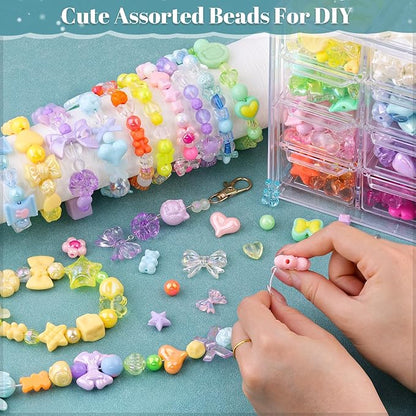 Assorted Acrylic Beads, 400-450PCS 6 Mixed Colors Cute Beads for Bracelet Making, Flower GummyBear Bow Kawaii Charms for Jewelry Making DIY Necklace Keychain Phone Charm Christmas Gift
