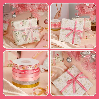 6 Rolls Christmas Ribbon for Crafts 3/8 Inch Glitter Fabric Holiday Festival Grosgrain Ribbon for Wrapping Decoration Floral Bows Craft(Pink Snowflakes)