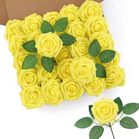 DuHouse 50Pcs Artificial Roses Flowers Fake Roses with Stems Real Touch Foam Flowers for DIY Wedding Bouquet Baby Shower Centerpiece Floral Arrangement Party Home Decor(Yellow)