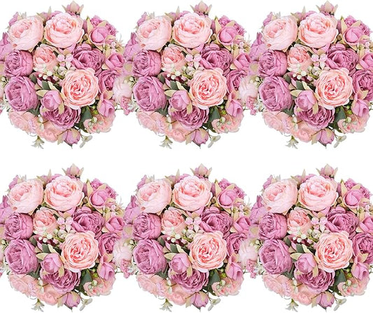 6 Pcs Peonies Artificial Flowers Bulk, Mixed Pink Silk Peonies Fake Bouquet for Floral Centerpieces,Red Realistic Faux Peony Flower for Flower Arrangements Wedding Decoration vase