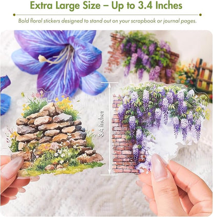 3.4" Large Flower Stickers for Scrapbooking – 60PCS Waterproof Wall &Floral Stickers for Journaling, Junk Journal Supplies, Card Making, DIY Crafts & Bullet Journal Planner