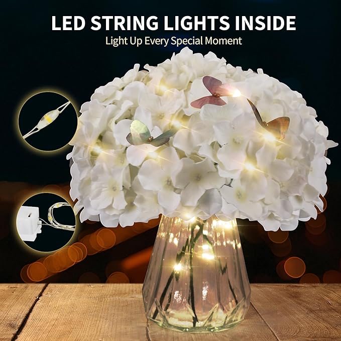 64PCS Artificial Hydrangea Flowers with Stems, Silk Hydrangea Heads with LED Decorative Lights, Crystal Strings & Butterfly Accents for Wedding Centerpieces and Home Decor(64, Ivory)