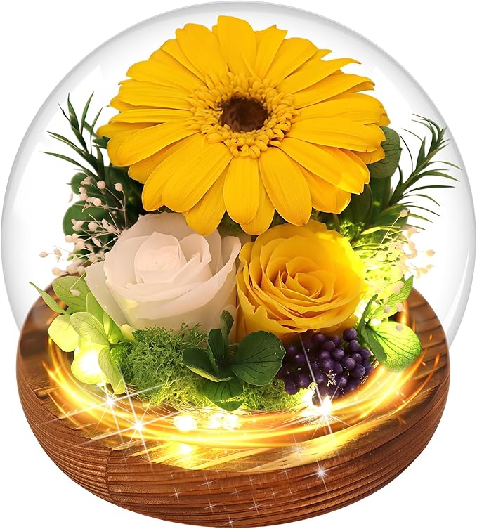Sunflower Gifts for Women Mom Birthday Gifts for Her Preserved Real Flowers in Glass Dome with LED Strip, Forever Flowers Gifts for Wife Girlfriend Mom on Mother Day Birthday Valentine Day
