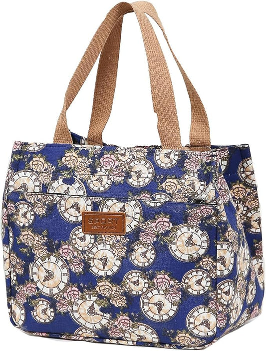 Dreubea Women's Floral Print Canvas Tote Bag - Small Reusable Shopping Handbag for Groceries, Takeout, Eco-Friendly Purse