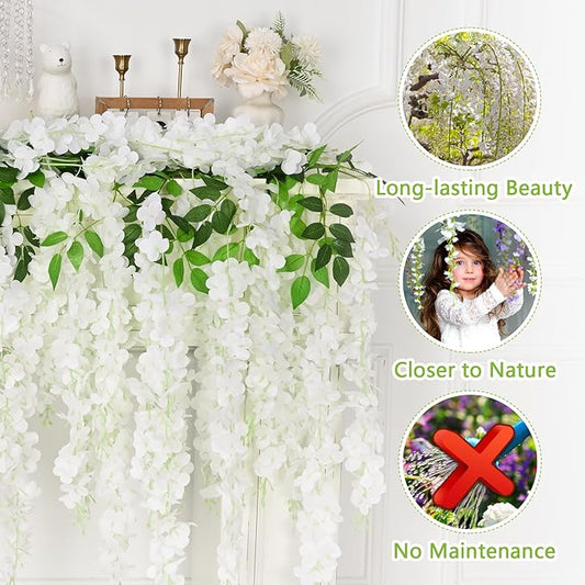Yastouay 28 Pcs Wisteria Hanging Flowers, 3.77 Ft/Pcs Artificial Hanging Flowers, White Fake Wisteria for Wedding Party Backdrop Wall Home Decoration