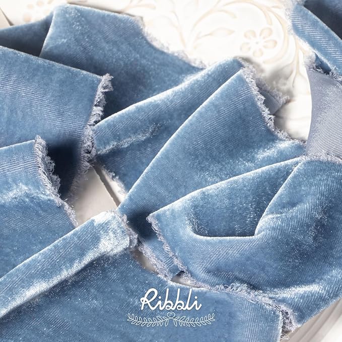 Ribbli Dusty Blue Velvet Ribbon 3 Inch Handmade Frayed Vintage Christmas Ribbon for Gift Wrapping Christmas Tree Ornament Wreath Craft Home Decor -3 Yards