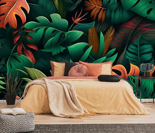 Colorful Tropical Flowers and Leaves Seamless Pattern Mural, Fresh and Unique Background Wall Decorations（Non-self-Adhesive）