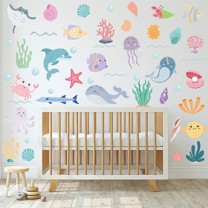 AOWDIAO 58 Pcs Ocean Animals Wall Decals - Peel and Stick Under The Sea Kids’ Room & Nursery Decor