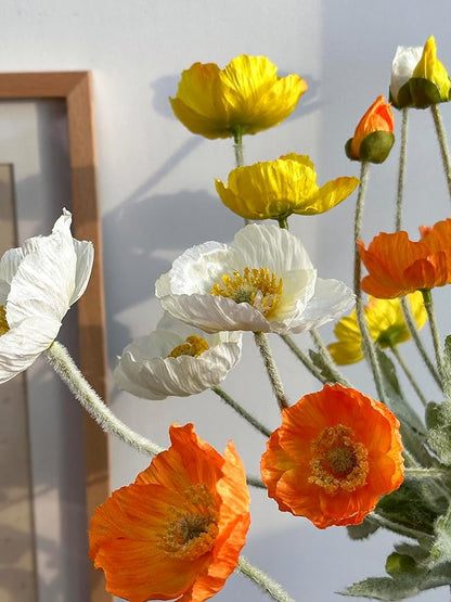 Set of 6 Multicolour Artificial Poppy Flowers, Silk Flowers with Stems for Vase Arrange for Wedding Party Home Office Indoor Kitchen Dining Table Centerpiece Decoration (White Yellow Orange)