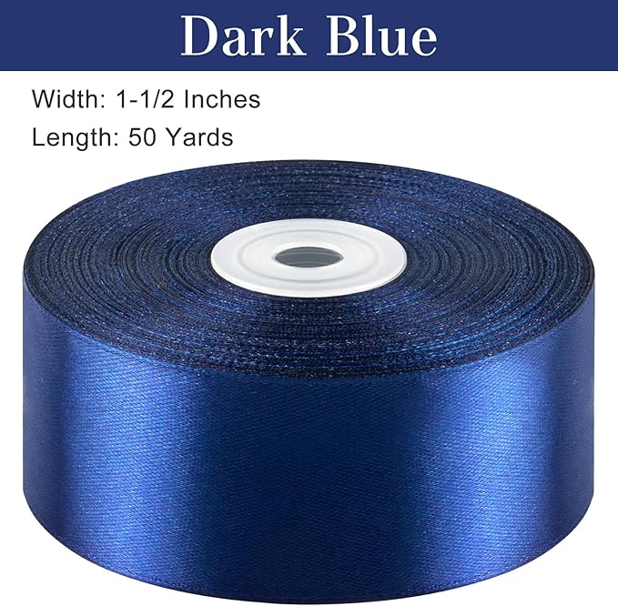 1-1/2 Inches 50 Yards Dark Blue Satin Ribbon, Solid Fabric Ribbon Roll for Flower Bouquets, Gift Wrapping, Wedding, Handmade Crafts