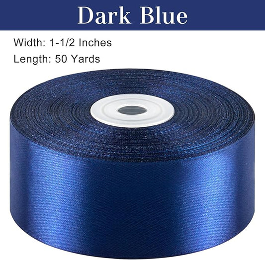 1-1/2 Inches 50 Yards Dark Blue Satin Ribbon, Solid Fabric Ribbon Roll for Flower Bouquets, Gift Wrapping, Wedding, Handmade Crafts