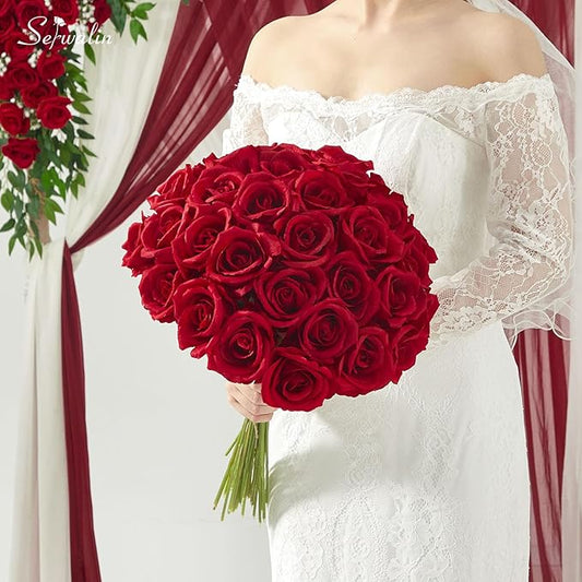 Serwalin 60 PCS Red Artificial Roses in Bulk, 3.15'' Flower Head Fake Silk Roses Realistic Roses for Bridal Bouquet Wedding Centerpieces Flower Arrangement Party Home Decor