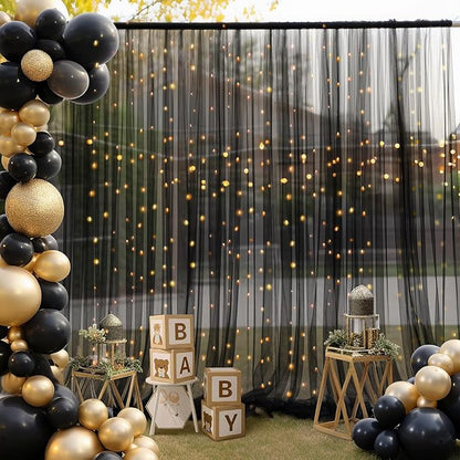 10x10ft Black Tulle Backdrop Curtain with Lights String for Parites, Sheer Backdrop Curtains for Wedding Baby Shower Birthday Party Photo Shoot Decorations