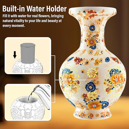 3D Puzzle Vase for Adults, 200 Curved Pieces DIY LED Vase, Unique Craft Kit for Home Decoration, Creative Hobby Gift for Women, Ideal Housewarming & Birthday Gifts (Vintage Floral Cream)