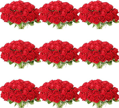 102 PCS Red Roses Artificial Flowers, Fake Red Rose Bouquet, Artificial Silk Red Roses with Stems for Wedding Flowers Decoration, Valentines Day Mothers Day, Bridal Bouquet Roses