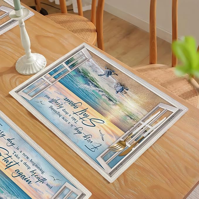 Beach Sea Turtle Placemats Set of 6 Coastal Ocean Table Mats Washable Place Mats for Home Party Indoor Kitchen Dining Table Decoration 12x18 Inch