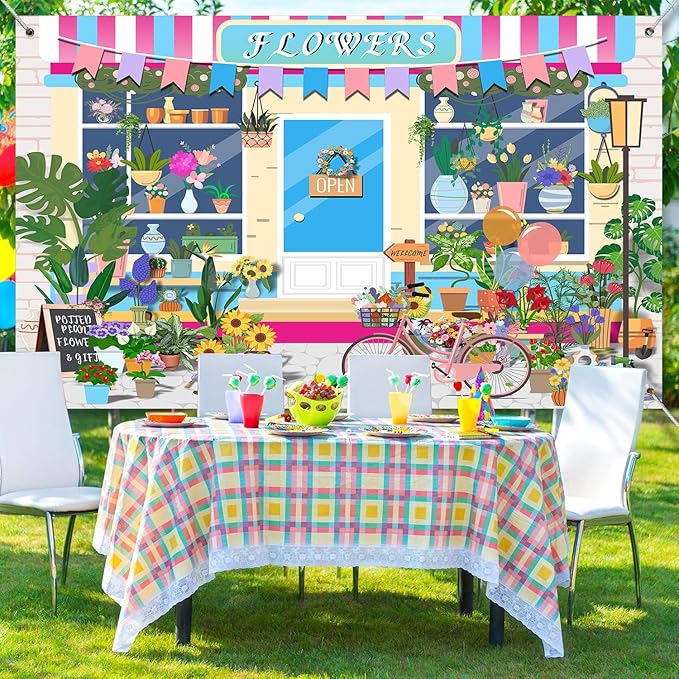 HANYING 9x6ft Cartoon Spring Flowers Backdrops for Photoshoot Floral Pot Plants Gardening Bicycle Photo Background Gifts Florists Girl Birthday Baby Shower Party Decor Banner Photo Booth HY030DX