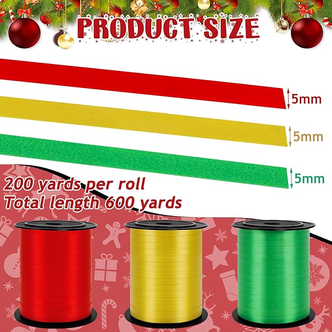 600 Yards Christmas Ribbon Curling, 3 Rolls Christmas Party Decorations, 1/5 Inches Holiday Ribbon, Plastic Ribbons for Crafts Present Wrapping Green Gold Red Curling Ribbon Party Balloon String