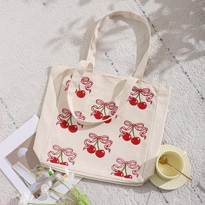 Aesthetic Embroidery Tote Bag for Lady Cute Reusable Canvas Shoulder Bag for Girls Women Shopping Grocery