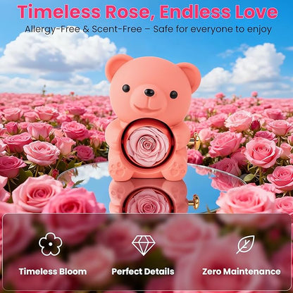 Cute Teddy Bear with Preserved Rose - A Real Rose Flower in Bear with Elegant Gift Box Romantic Gift for Mother's Day, Weddings, Anniversaries, Bridal (Pink)