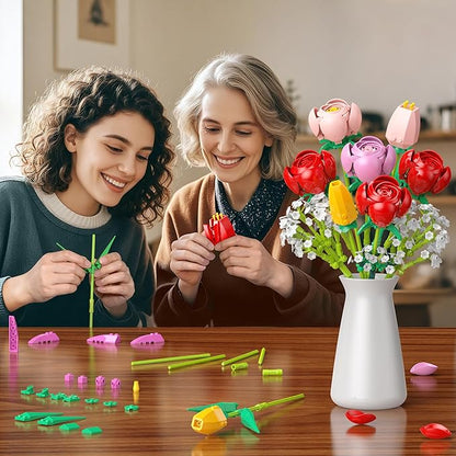 Flower Bouquet Building Set, 680PCS Tulip & Rose Block Kit for Adults & Kids Ages 6+, DIY Floras for Home Office Decor, Birthday, Valentine's Day & Mother's Day