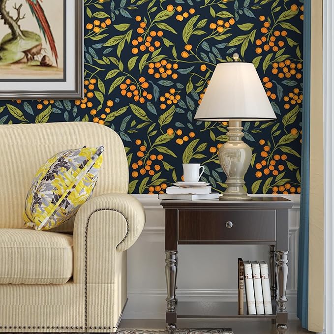 Dark Blue Wallpaper Peel and Stick Boho Leaf Contact Paper Floral Wall Paper Removable for Wall Counter Cabinet Renter Friendly 17.5 x 78.5In