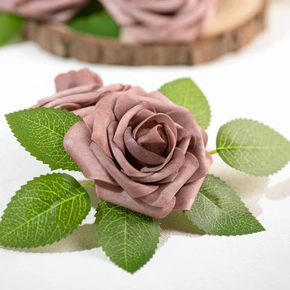 Mocoosy 50Pcs Artificial Rose Flowers, Dusty Roses for Decorations, Real Touch Fake Foam Rose Bulk with Stems DIY Wedding Bouquets Bridal Shower Centerpiece Floral Arrangements Party Home Table Decor