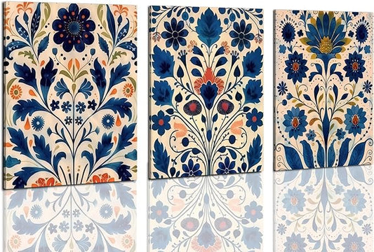 3 Pcs Blue Boho Flower Canvas Wall Art, Floral Painting Poster Wall Decor,Wildflower Botanical Picture for Wall Living Room Bathroom Bedroom Home Decoration 16*24 in (Stretched Canvas on A Wooden Frame)