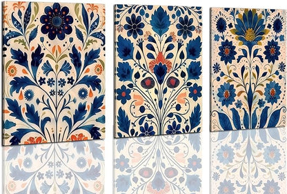 3 Pcs Blue Boho Flower Canvas Wall Art, Floral Painting Poster Wall Decor,Wildflower Botanical Picture for Wall Living Room Bathroom Bedroom Home Decoration 12*16 in (Stretched Canvas on A Wooden Frame)
