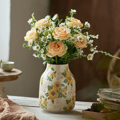 Levvohd Vintage Ceramic Vase, 7.7 Inch Yellow and Beige Sunflower Floral Modern Flower Vases for Home Decor Aesthetic Living Room Bookshelf Office Tuscan Decorations (Conical)