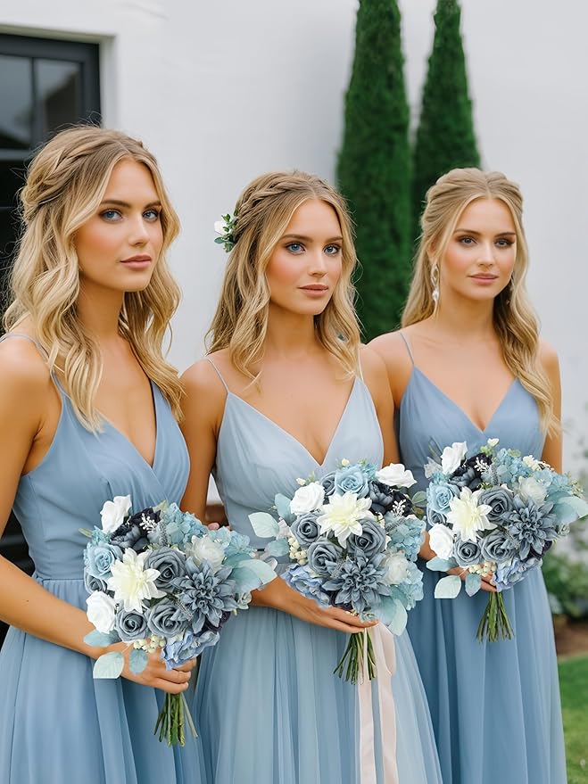 Multi Use Dusty Blue White Artificial Flowers Combo for DIY Centerpieces Arrangements Wedding Bridal Bouquet Table Chair Decor Candle Holder Baby Shower Cake Decor Flower Strips Home Décor