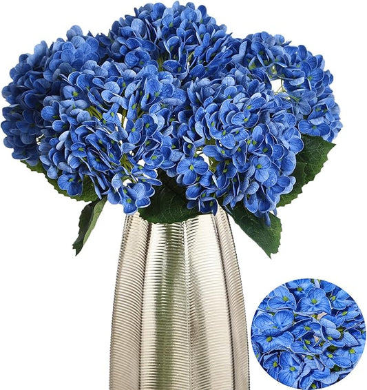Kimura's Cabin 5Pcs Blue Artificial Hydrangea Flower 21inch Real Touch Fake Hydrangeas Flowers Long Stem with Leaves Hydrangea Bouquet for Wedding Baby Shower Birthday Party Home Interior Decoration