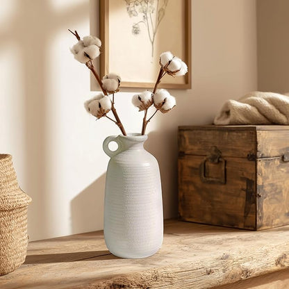 Sunddo White Vase with Handle, 10 inch Ceramic Rustic Vase, Farmhouse Decor, Boho Modern Decorations, Table, Living Room, Shelf, Mantel Decor