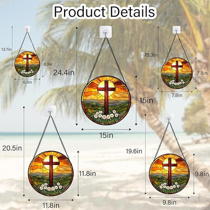 Christian Gifts for Women - Cross Stained Glass Window Hanging Easter Daisy Natural Landscape Sun Catcher Garden Religion Decor Mother's Day Catholic Gift for Men Grandma Mom Her Nana 15"